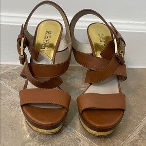 MICHAEL Michael Kors Cognac Leather Heel Sandals with Gold Accents